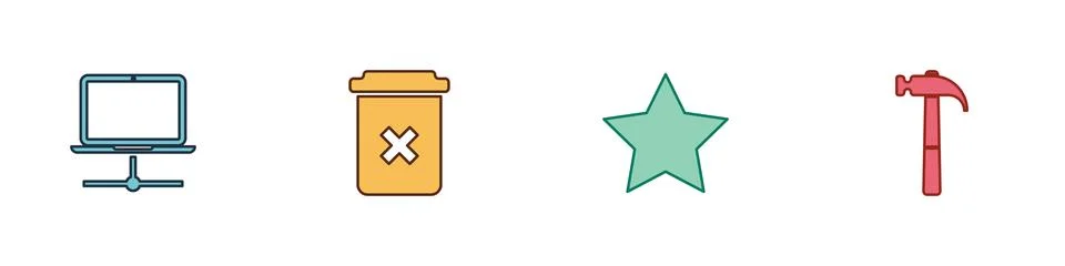 Set Computer network, Trash can, Star and Hammer icon. Vector Stock-Illustration