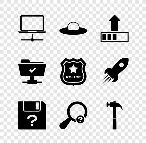 Set Computer network, UFO flying spaceship, Loading, Unknown document, search Illustrazione stock