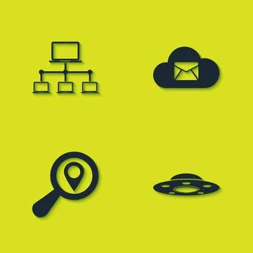 Set Computer network, UFO flying spaceship, Search location and Cloud mail se Stock Illustration