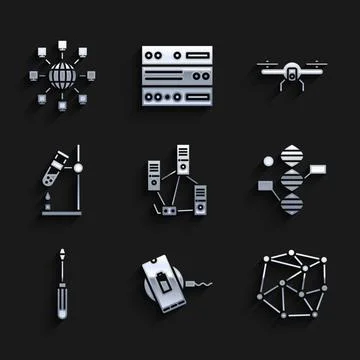 Set Computer network, Wireless charger, Neural, DNA symbol, Screwdriver, Test Stock Illustration
