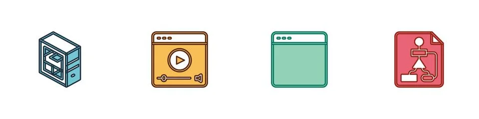 Set Computer, Online play video, Browser window and Flowchart icon. Vector Illustrazione stock