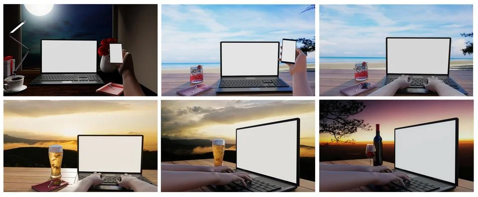 Set of a computer or laptop with a blank screen placed on a wooden table wi.. Stock-Illustration