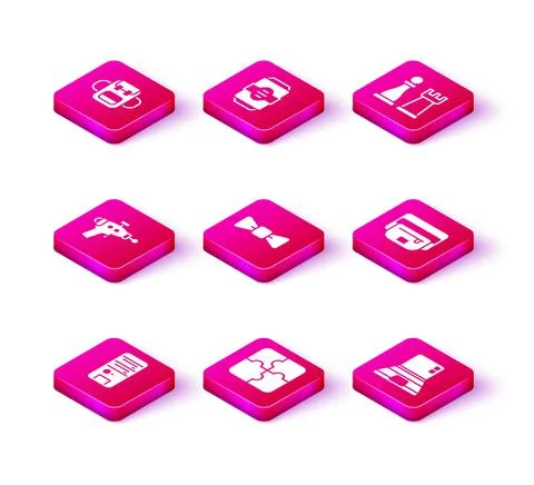 Set Computer, Piece of puzzle, Ray gun, Bow tie, Laptop, Waist bag banana, Chess Stock Illustration