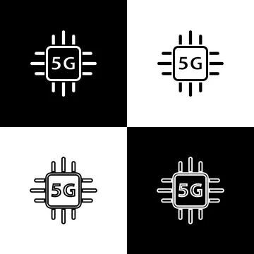 Set Computer processor 5G with microcircuits CPU icon isolated on black and Illustrazione stock
