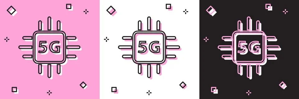Set Computer processor 5G with microcircuits CPU icon isolated on pink and wh Stock Illustration