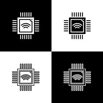 Set Computer processor with microcircuits CPU icon isolated on black and white Stock Illustration