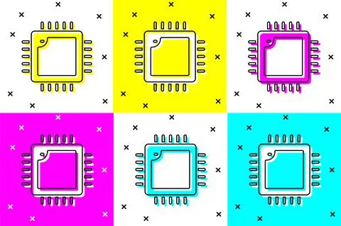 Set Computer processor with microcircuits CPU icon isolated on color background イラスト素材