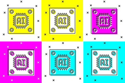 Set Computer processor with microcircuits CPU icon isolated on color background 스톡 일러스트