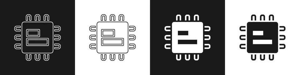 Set Computer processor with microcircuits CPU icon isolated on black and white Stock Illustration