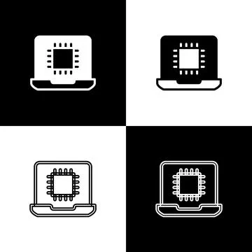 Set Computer processor with microcircuits CPU icon isolated on black and white Stock Illustration
