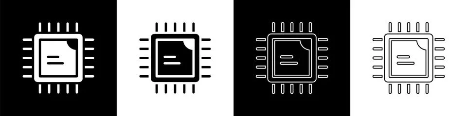 Set Computer processor with microcircuits CPU icon isolated on black and white Stock Illustration