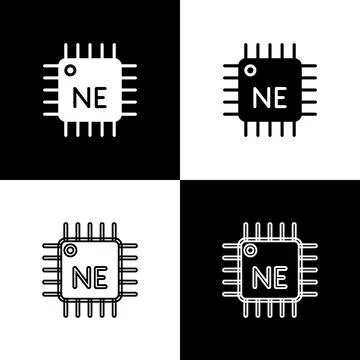 Set Computer processor with microcircuits CPU icon isolated on black and white Stock Illustration