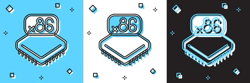 Set Computer processor with microcircuits CPU icon isolated on blue and white Illustrazione stock