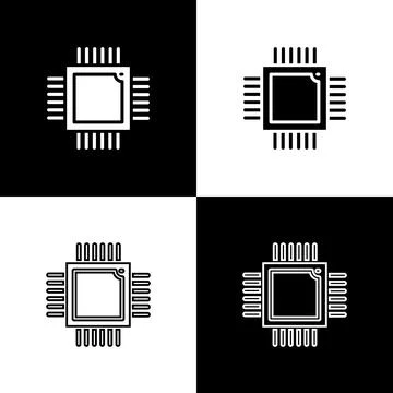 Set Computer processor with microcircuits CPU icon isolated on black and white 스톡 일러스트