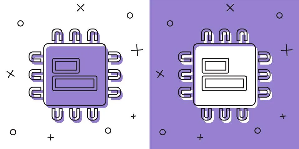 Set Computer processor with microcircuits CPU icon isolated on white and purple Stock Illustration