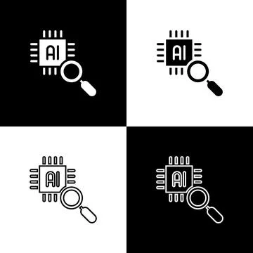 Set Computer processor with microcircuits CPU icon isolated on black and white Stock Illustration