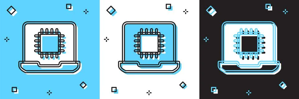 Set Computer processor with microcircuits CPU icon isolated on blue and white Stock Illustration