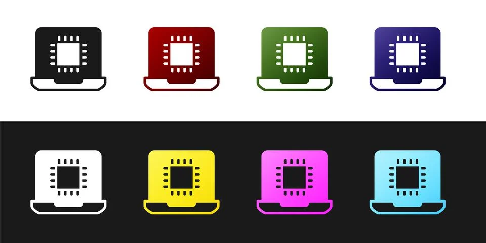 Set Computer processor with microcircuits CPU icon isolated on black and whit Illustrazione stock