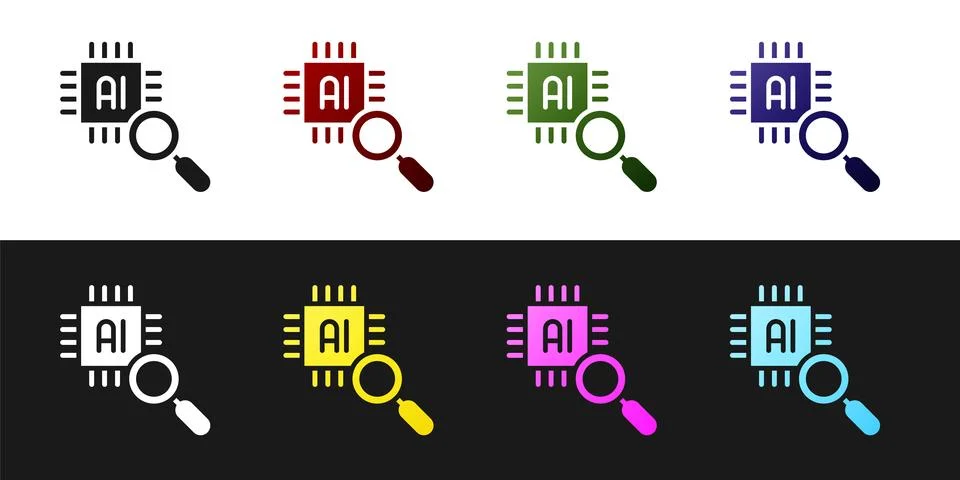 Set Computer processor with microcircuits CPU icon isolated on black and wh.. イラスト素材