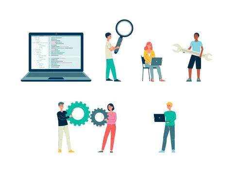 Set of computer programmers and code testers flat vector illustration isolated. Stock Illustration