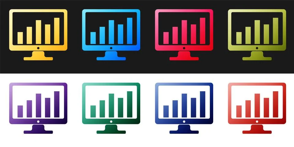 Set Computer screen with financial charts and graphs icon isolated on black and Ilustración de archivo