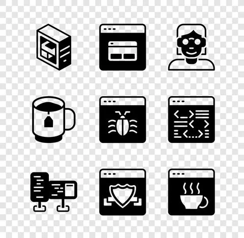 Set Computer, Search engine, Hacker or coder, monitor screen, Browser with Stock Illustration