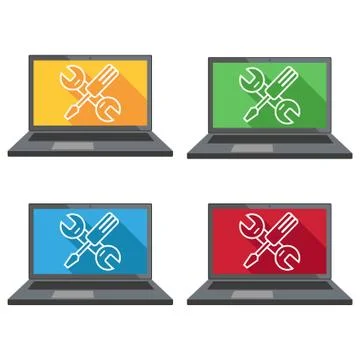 Set computer Service. Computer repair service. Laptop with screwdriver and wr Stock Illustration