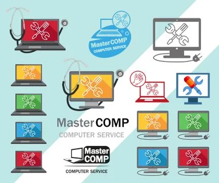 Set computer Service. Computer repair service. Laptop with screwdriver and wr Illustration