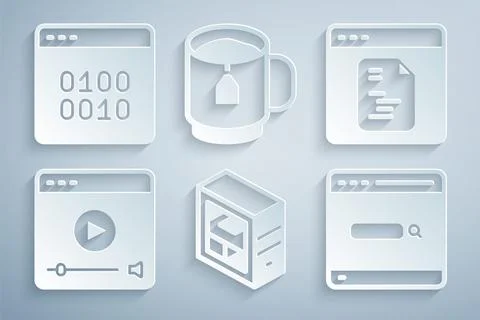 Set Computer, Software, Online play video, Search engine, Cup tea with tea bag 스톡 일러스트