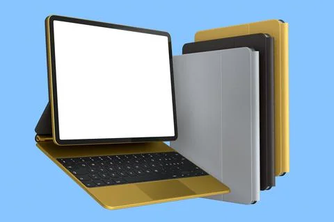 Set of computer tablet with keyboard and blank screen isolated on blue. Stock Illustration