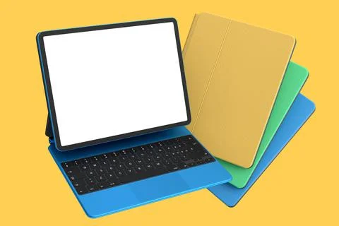 Set of computer tablet with keyboard and blank screen isolated on yellow. Stock Illustration