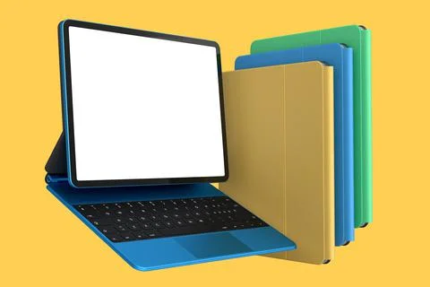 Set of computer tablet with keyboard and blank screen isolated on yellow. Stock Illustration