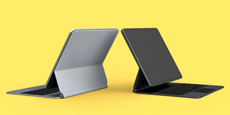 Set of computer tablet with keyboard and blank screen isolated on yellow. Stock Illustration