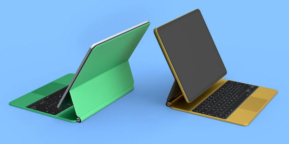 Set of computer tablet with keyboard and blank screen isolated on blue. Stock-Illustration