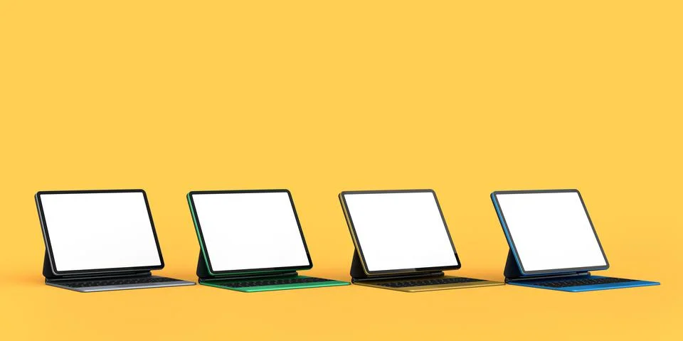 Set of computer tablet with keyboard and blank screen isolated on yellow. Illustrazione stock