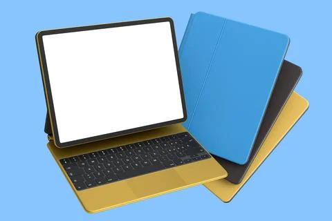 Set of computer tablet with keyboard and blank screen isolated on blue. イラスト素材