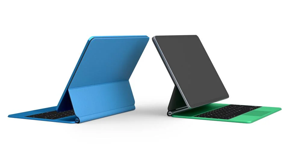 Set of computer tablet with keyboard and blank screen isolated on white. Stock Illustration