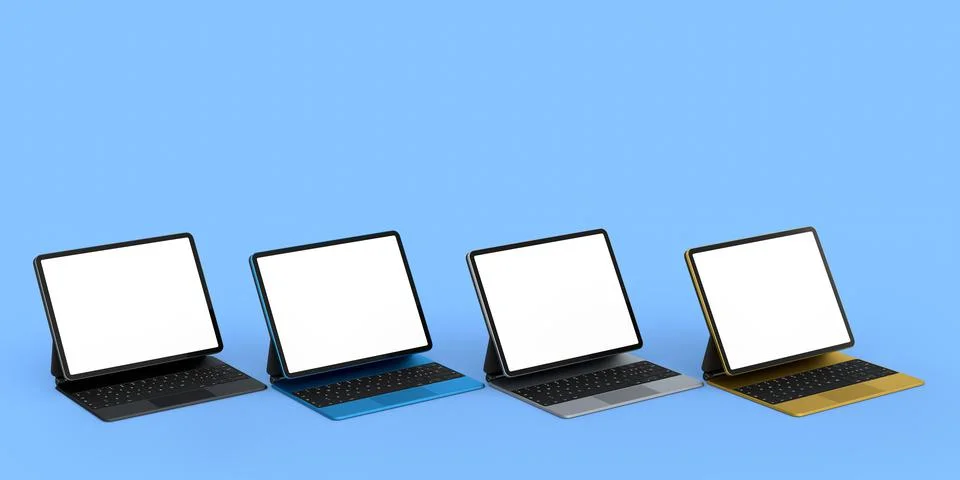Set of computer tablet with keyboard and blank screen isolated on blue. Illustrazione stock
