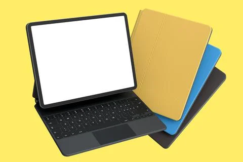 Set of computer tablet with keyboard and blank screen isolated on yellow. Stock-Illustration