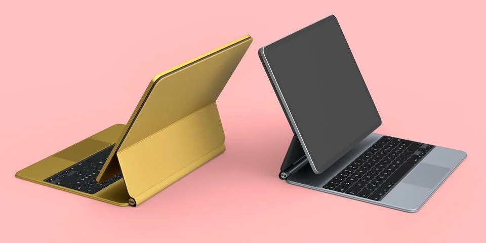 Set of computer tablet with keyboard and blank screen isolated on pink. Stock Illustration