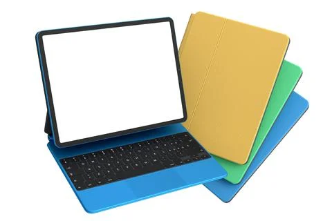 Set of computer tablet with keyboard and blank screen isolated on white. Stock Illustration