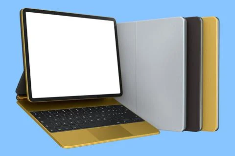 Set of computer tablet with keyboard and blank screen isolated on blue. イラスト素材