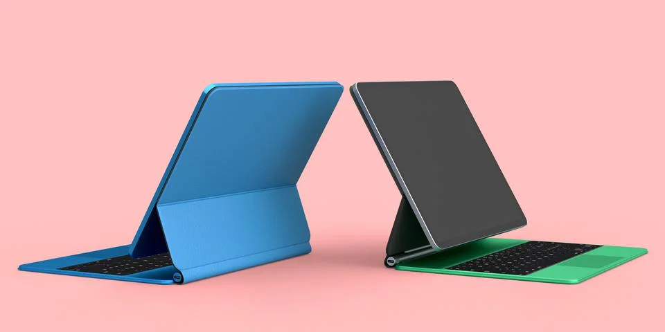 Set of computer tablet with keyboard and blank screen isolated on pink. Stock Illustration