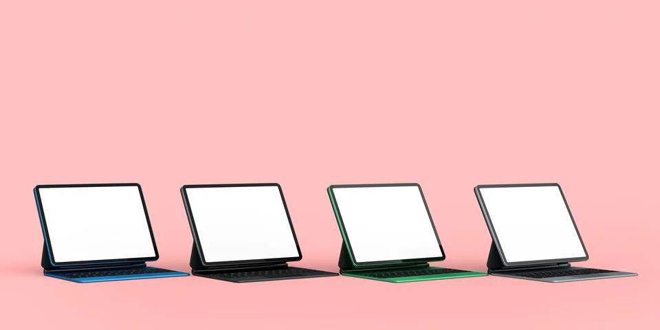 Set of computer tablet with keyboard and blank screen isolated on pink. Stock-Illustration
