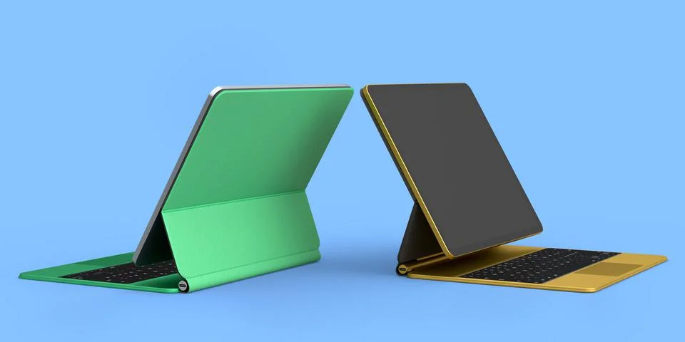 Set of computer tablet with keyboard and blank screen isolated on blue. Stock Illustration