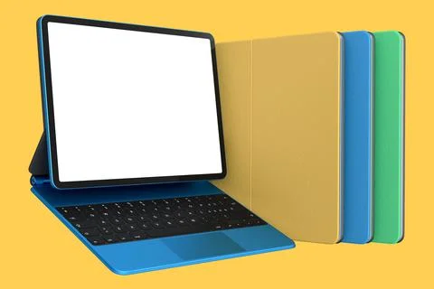 Set of computer tablet with keyboard and blank screen isolated on yellow. Stock Illustration
