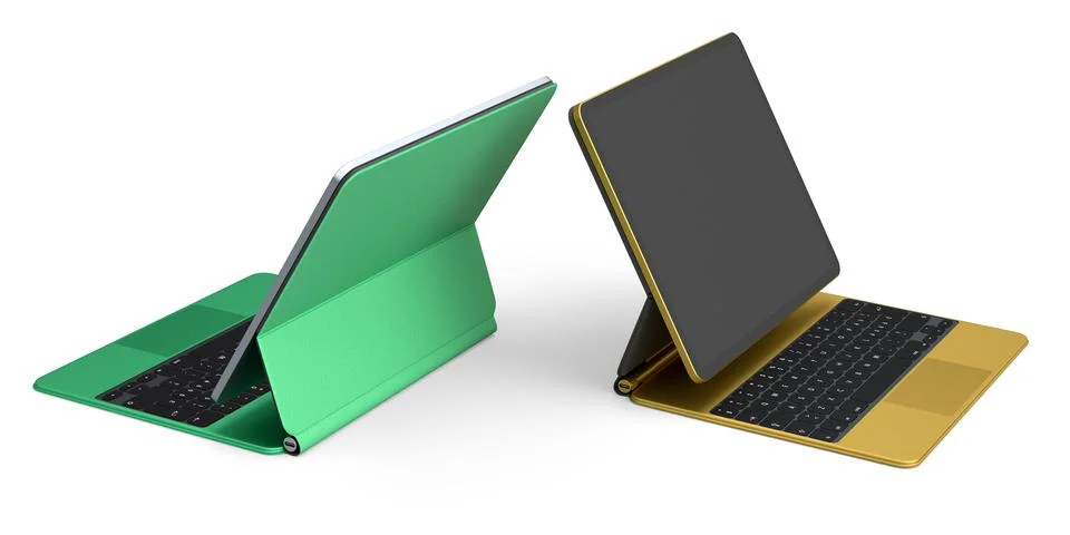 Set of computer tablet with keyboard and blank screen isolated on white. Illustrazione stock