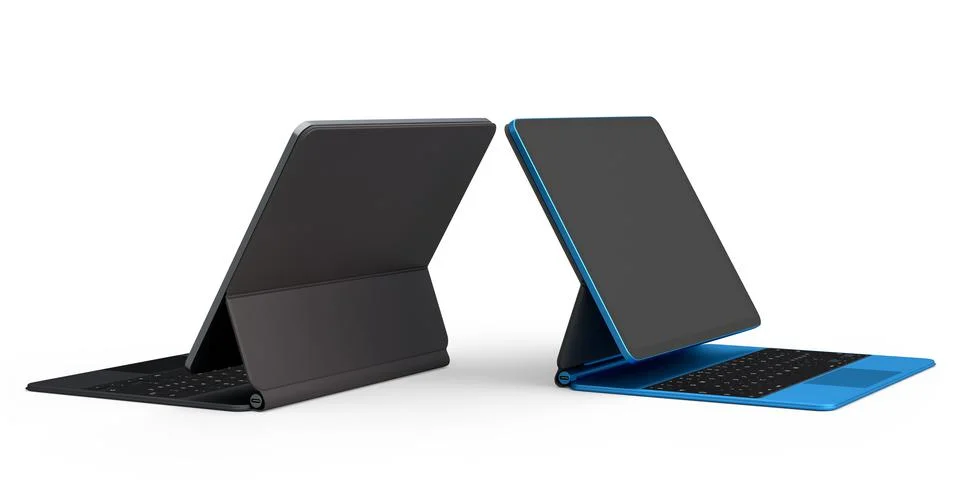 Set of computer tablet with keyboard and blank screen isolated on white. Stock Illustration