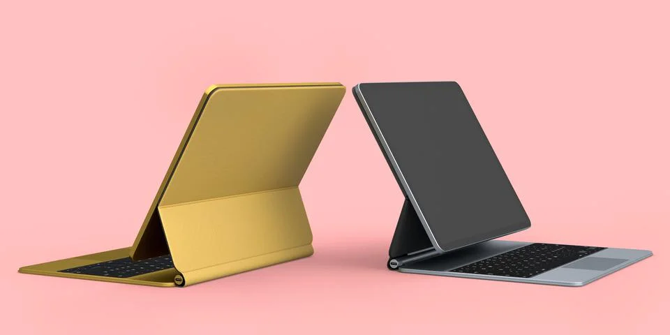 Set of computer tablet with keyboard and blank screen isolated on pink. Stock Illustration