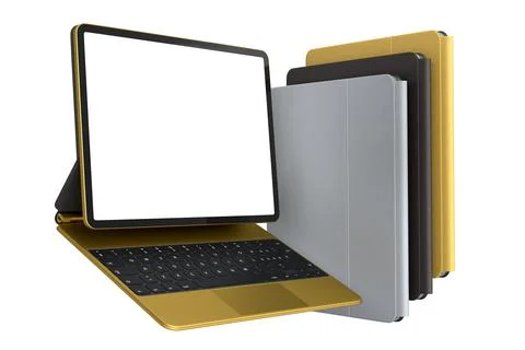 Set of computer tablet with keyboard and blank screen isolated on white. Illustrazione stock